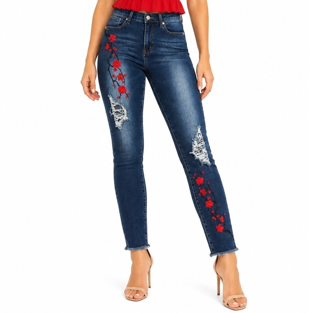AQ Jeans Skinny High Waist Women 11/12 Dark Wash Floral Embroidered Distressed